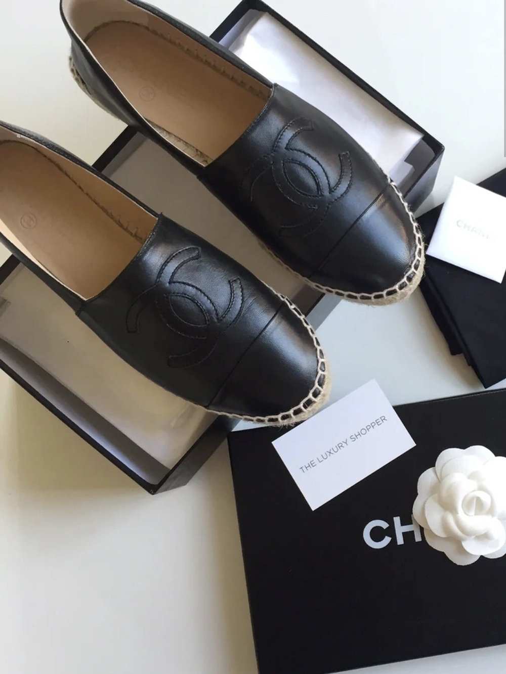 CHANEL Black Leather Espadrille Slip-Ons with CC Includes Chanel Bag - Picture 2 of 8